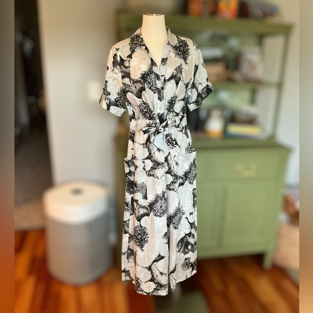🖤 Liv by Habitat 100% Linen Shirt Dress – Size Large – Black & White Artful
